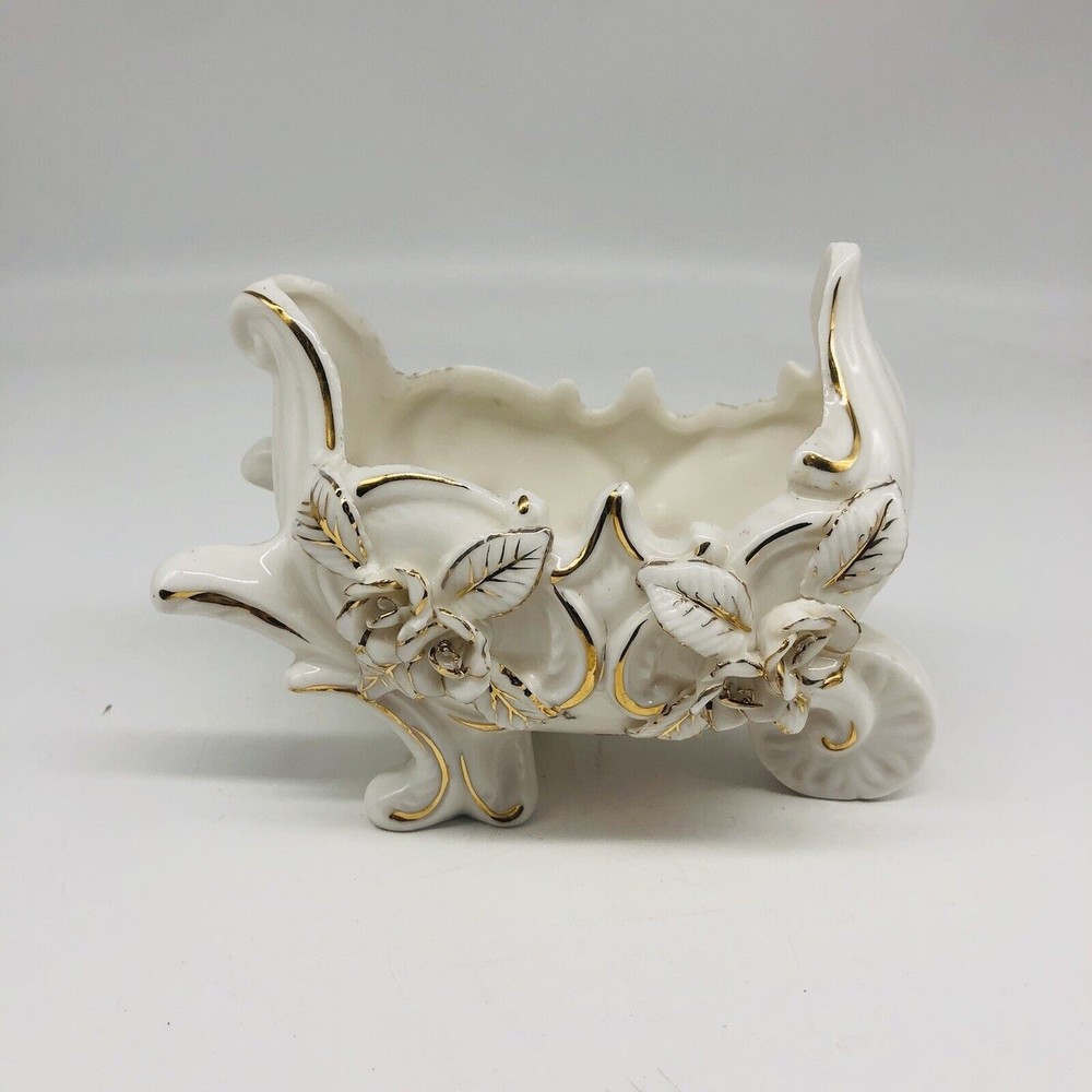Vintage Lefton Wheelbarrow Dish Planter White Gilded Gold #1630 Japan